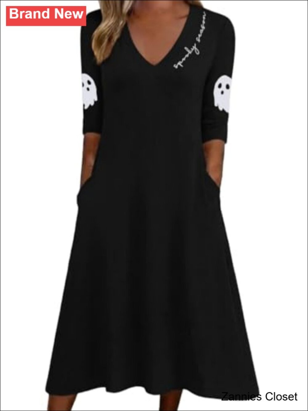 👻 Women's Fall 3/4 Sleeve Halloween Shirt Dress Casual V Neck A-Line Midi
